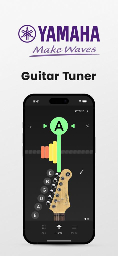 Yamaha Guitar Tuner app screen showing a green indicator for a perfectly tuned A string