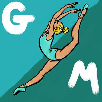 gymnast doing a leap in a leotard with a bent back leg