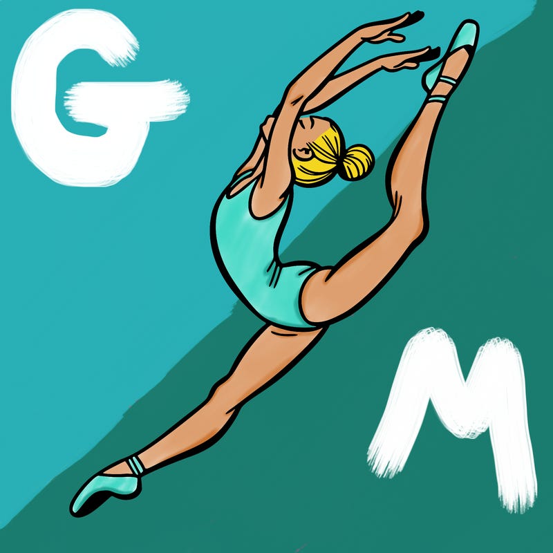 gymnast doing a leap in a leotard with a bent back leg