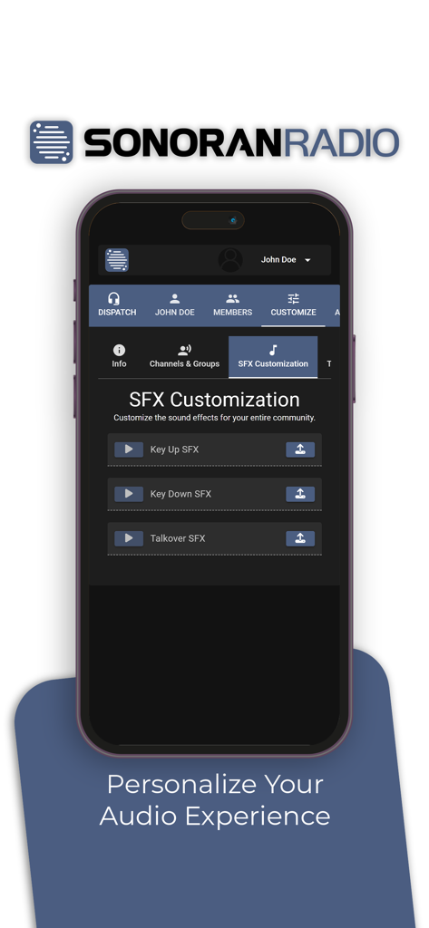 Sonoran Radio app SFX customization screen on an iPhone displaying audio options for realistic radio effects
