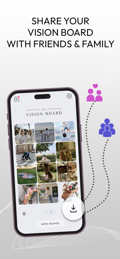Smartphone screen displaying a digital vision board with aesthetic photos and a feature to share with friends and family