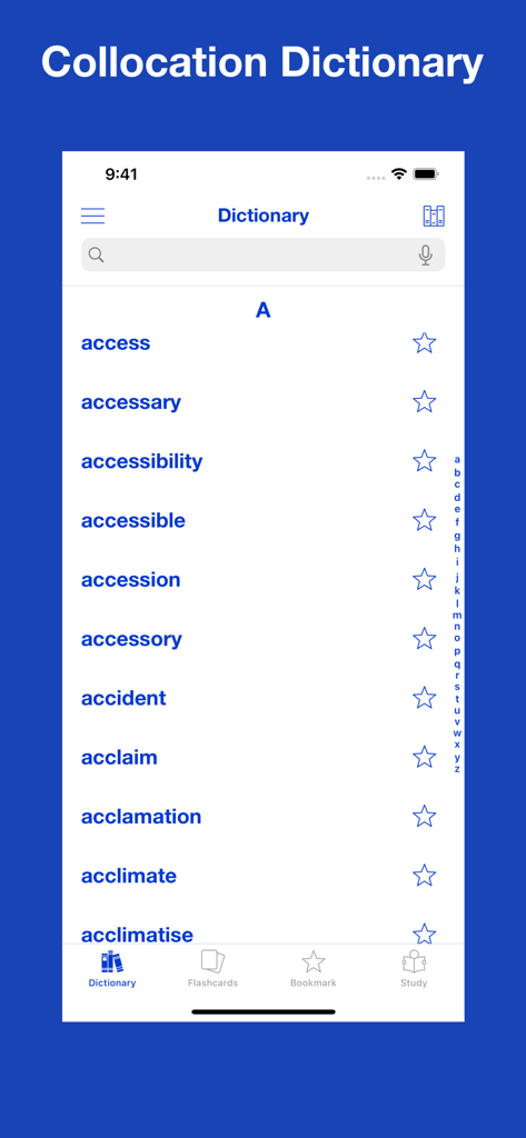 Mobile app interface showing an English collocation dictionary with a list of alphabetical entries and a search bar.
