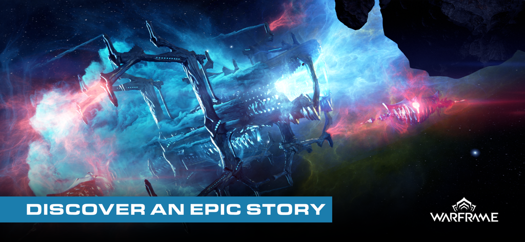 Warframe - Escena cinematográfica espacial de Warframe con efectos de nebulosa y el texto Descubre una Historia Épica.