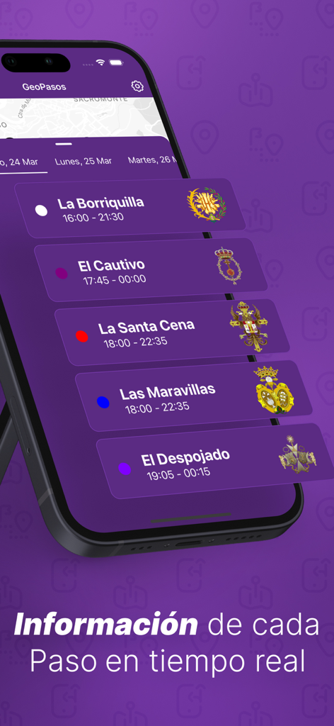 GeoPasos - Interfaz de la aplicación móvil GeoPasos mostrando información en tiempo real y horarios de varias procesiones de Semana Santa en Granada.
