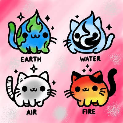 4 cats that represent the different elements, earth, water, air, and fire