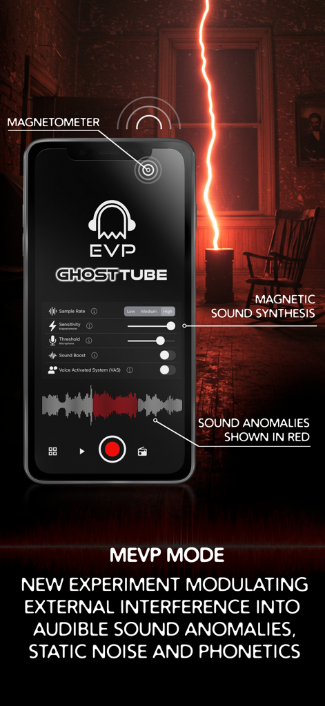 GhostTube EVP - GhostTube EVP app interface displaying MEVP mode and magnetic sound synthesis tools for ghost hunting.
