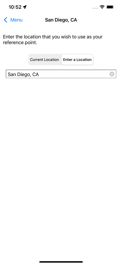 WikiPal USA - WikiPal USA app screen for entering a reference location with San Diego California selected