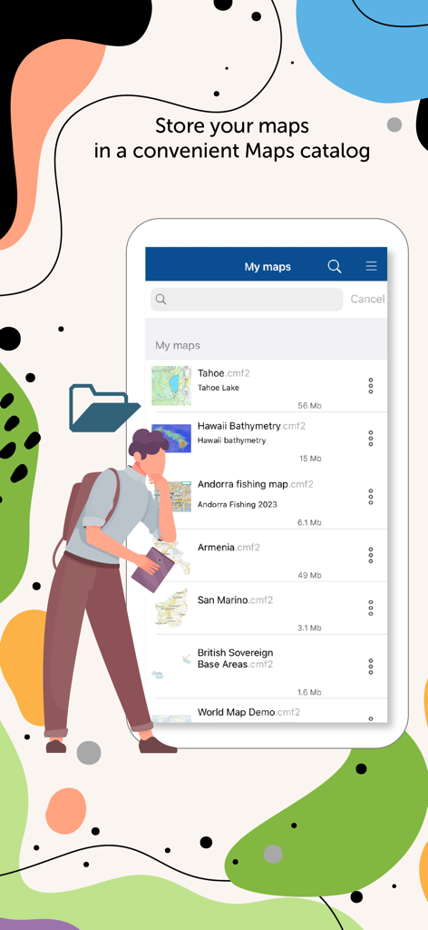 eLiteMap - eLiteMap app interface showing a list of stored offline maps in the CMF2 catalog