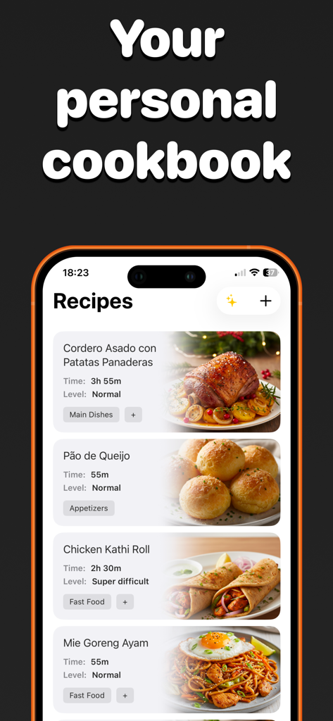 Recipe keeper & macros - Kuk - Mobile app interface showing a list of saved recipes in a personal digital cookbook