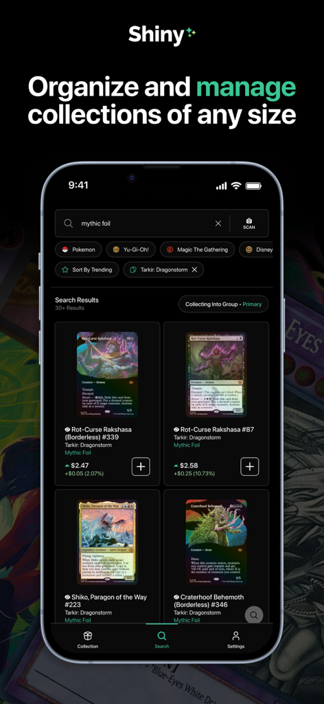 TCG Card Scanner - Shiny - Resultados de pesquisa do aplicativo Shiny TCG mostrando preços e detalhes de cartas colecionáveis