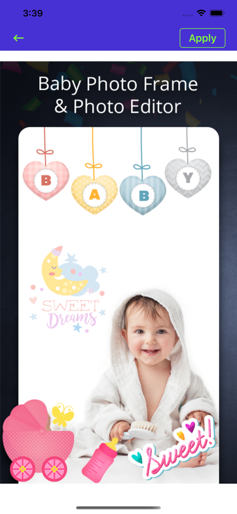 Baby Pics & Baby Photo Editor - Una foto de bebé editada con lindos marcos de corazón, cochecito de bebé y stickers de biberón en la interfaz de la aplicación.