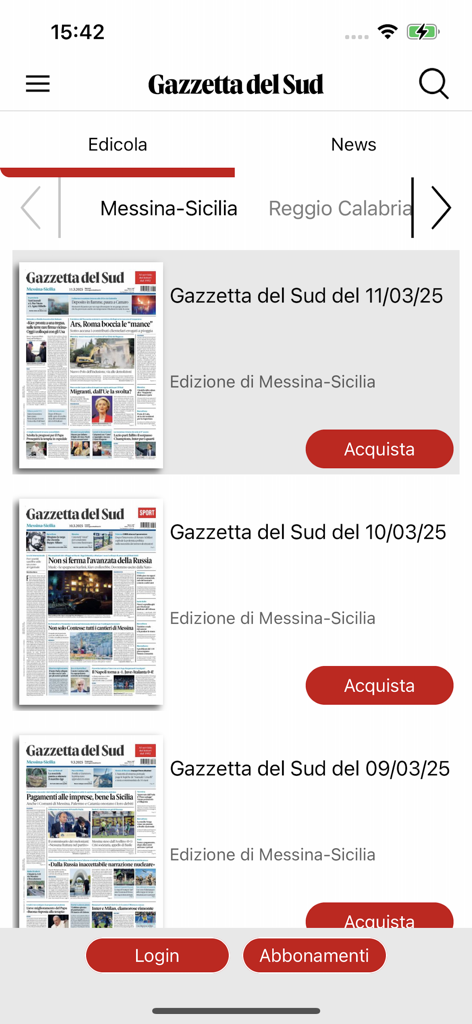 Gazzetta del Sud Digital app newsstand showing daily newspaper editions for the Messina and Sicily region