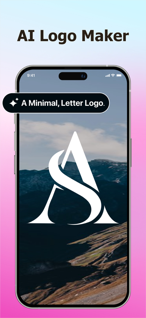 Flyer Maker - Make a Poster - Pantalla de iPhone mostrando una aplicación de creador de logos con IA generando un logo minimalista de letras sobre un fondo de montaña