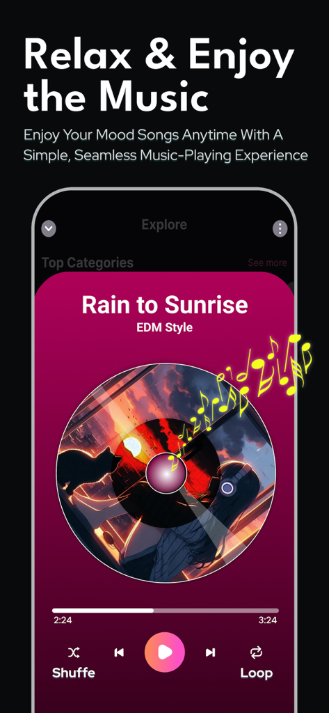 Music player interface of the AI Songs app showing a generated EDM track titled Rain to Sunrise with anime style cover art