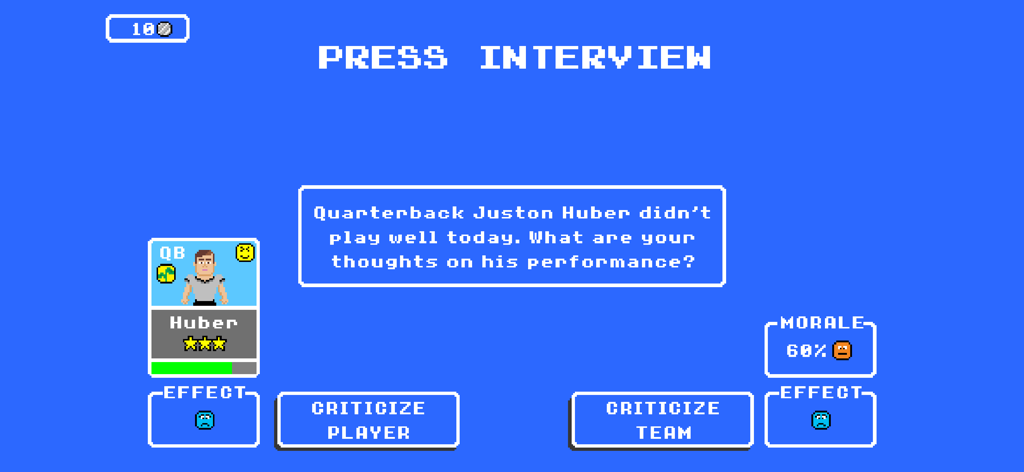 Retro Bowl - レトロボウル ゲームプレイ。選手またはチームを批判する選択肢が表示される記者会見画面を示す。