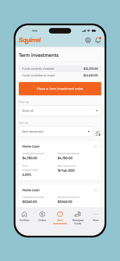 Squirrel App-Dashboard mit Anzeige eines Festgeld-Investmentportfolios mit Guthaben und Immobiliendarlehensdetails.