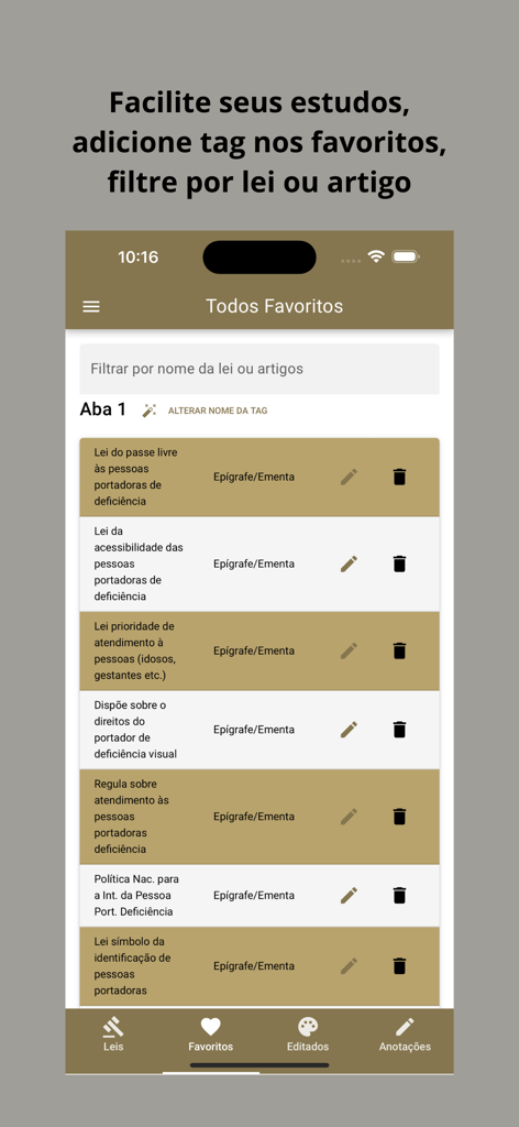 Interfaz de la app Vade Mecum Pro mostrando una lista de leyes favoritas y un filtro de búsqueda