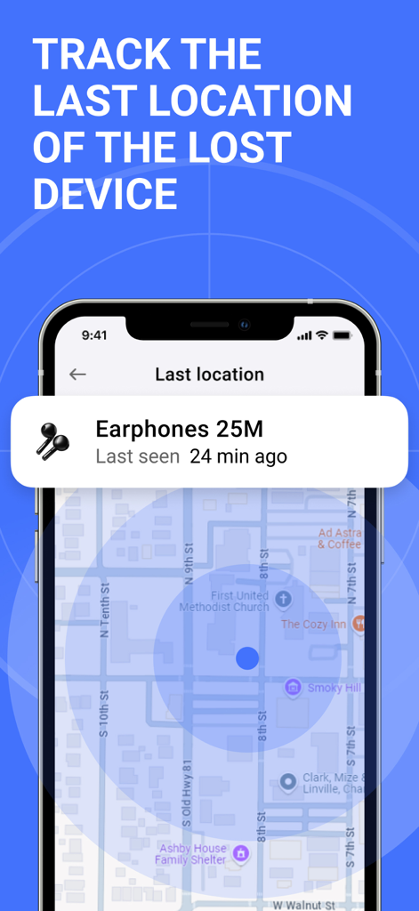 Interface showing the map location of lost Bluetooth earphones with last seen timestamp.