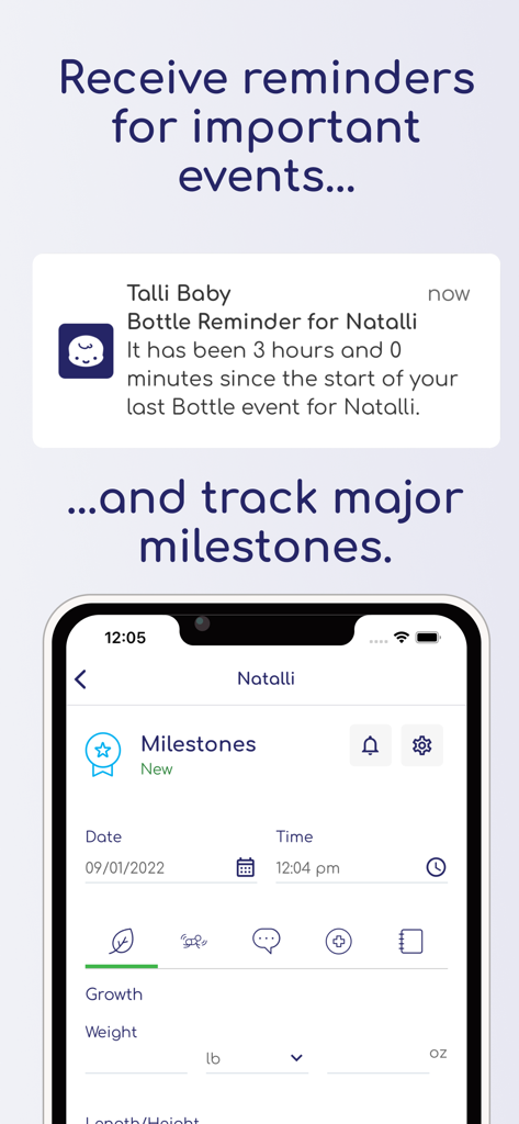 Talli Baby Tracker Newborn Log - Interface of the Talli Baby Tracker app showing a feeding reminder notification and a milestone screen for tracking baby growth