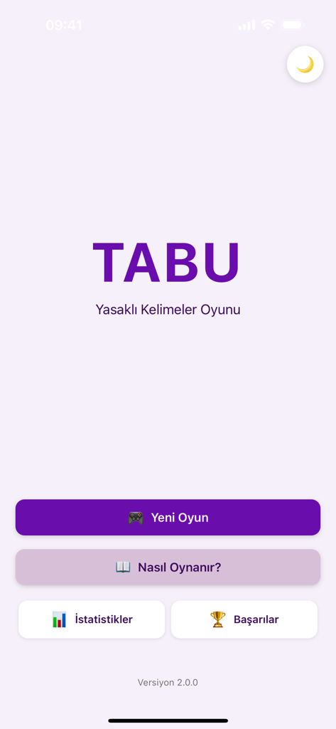 Tabu - Kelime Oyunu - Menú principal de la aplicación móvil Tabu Kelime Oyunu mostrando opciones para nuevo juego y logros