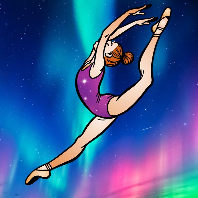 gymnast doing a leap in a leotard with a bent back leg