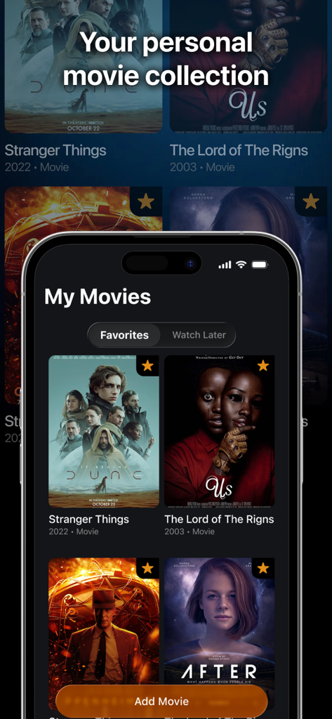 A screenshot of the Hit MovieFlix app displaying a personal movie collection with posters on an iPhone
