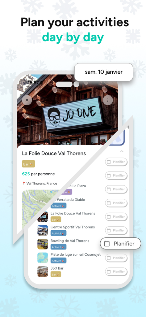 Interface showing day by day activity planning for group trips in the SmarTrips app.