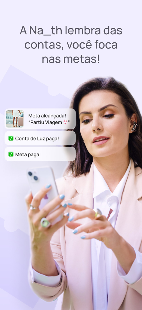 Schermata dell'app Nath che mostra notifiche per bollette pagate e obiettivi di viaggio raggiunti