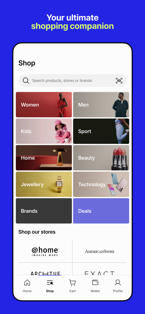 bash™ - Interface do aplicativo de compras bash exibindo categorias de produtos como feminino, masculino e tecnologia ao lado de logotipos de lojas