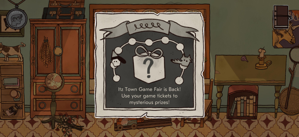 Reviver: Butterfly - Eine handgezeichnete Innenraumszene mit einer Popup-Nachricht über die Itz Town Game Fair im Spiel Reviver Butterfly.