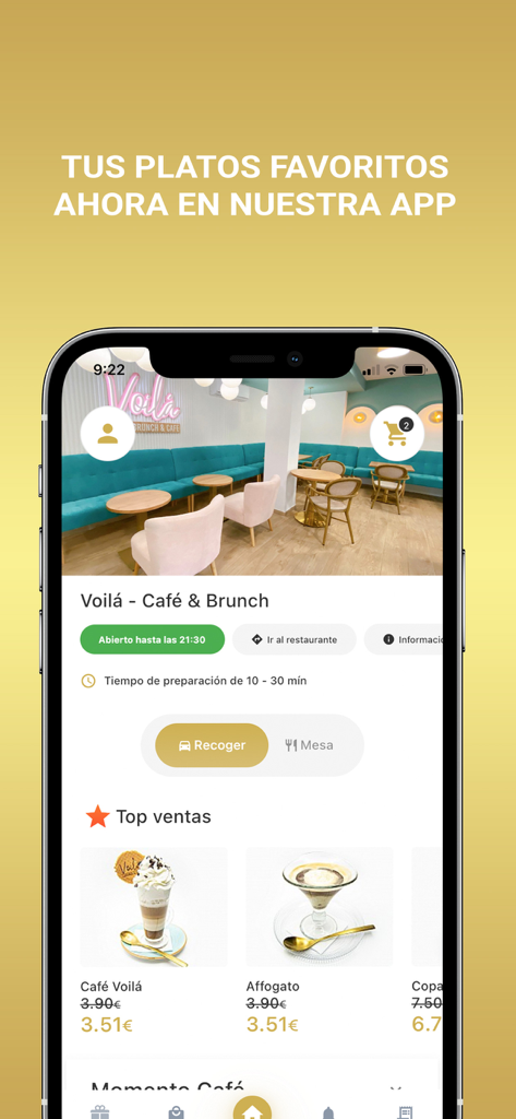 Voilá - Café & Brunch - Tela do aplicativo Voila Cafe and Brunch mostrando os itens de menu mais vendidos e opções para retirada ou serviço de mesa