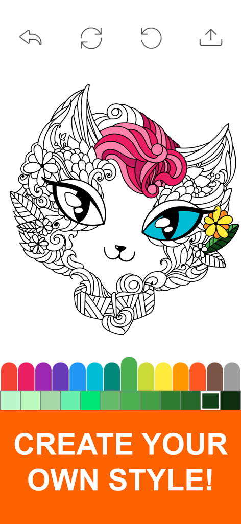 Coloring Book for Adults. - Adult coloring book app interface showing a partially colored cat illustration and a vibrant color palette.