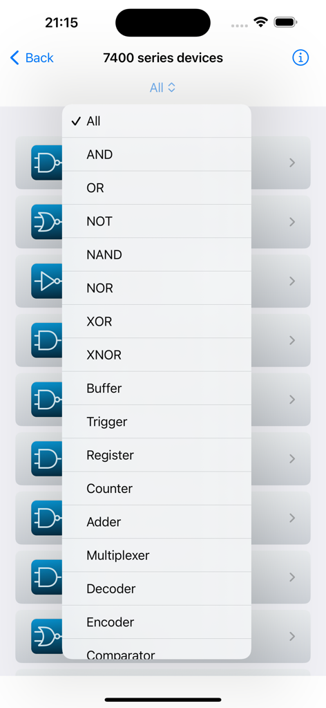 Digital Electronics Guide - デジタルエレクトロニクスガイドアプリに表示されている7400シリーズ論理ゲートデバイスの選択メニュー。