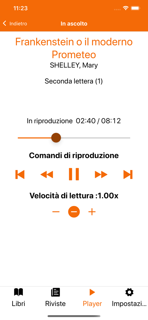 Libro Parlato CILP App - Audio player interface of the Libro Parlato CILP app showing playback controls for the book Frankenstein by Mary Shelley