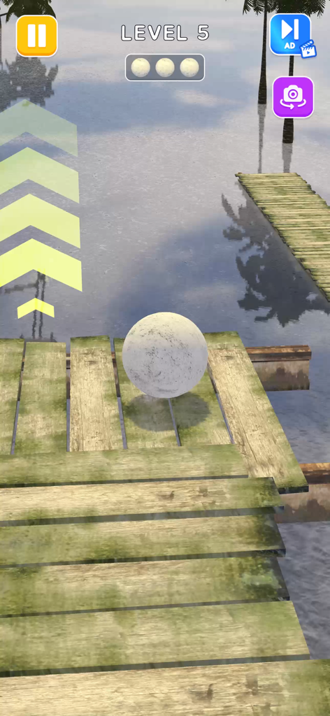 Rolling Balance Ball 3D - A white ball balancing on a wooden bridge above water in level five of Rolling Balance Ball 3D