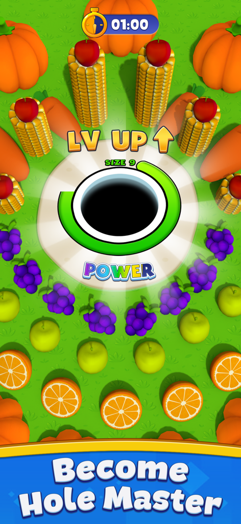 Hole Collect: Black Hole 3D - Gameplay of Hole Collect showing a black hole surrounded by colorful 3D fruits and a level up indicator