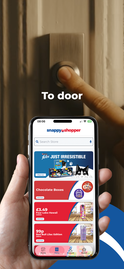 SnappyShopper Grocery Delivery - A hand holding a smartphone showing the SnappyShopper app interface for quick grocery delivery with a person pressing a doorbell in the background