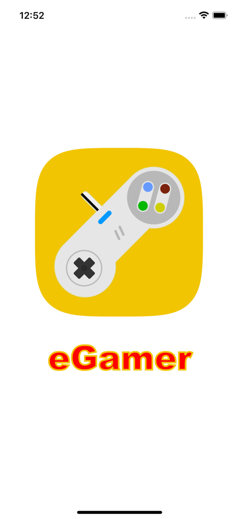 eGamer - eGamer app splash screen featuring a retro game controller icon on a yellow background