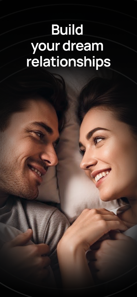 A happy couple looking at each other lovingly in bed with text overlay build your dream relationships