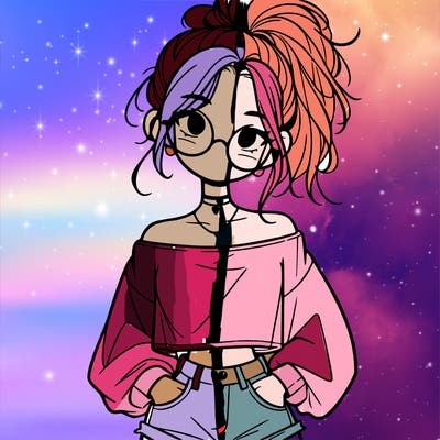 girl with a messy ponytail glasses a baggy crop top and jean shorts