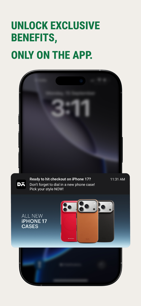 DailyObjects app screen showing a notification for exclusive iPhone 17 designer cases.