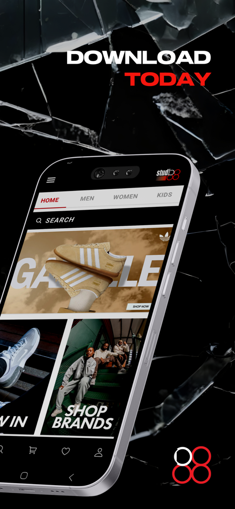 Studio 88 App - Smartphone displaying the Studio 88 app homepage featuring Adidas sneakers and urban streetwear
