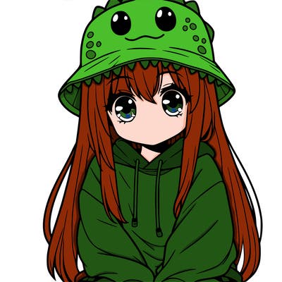 girl with anime shaped eyes with a dinosaur bucket hat oversized sweatshirt long straight hair
