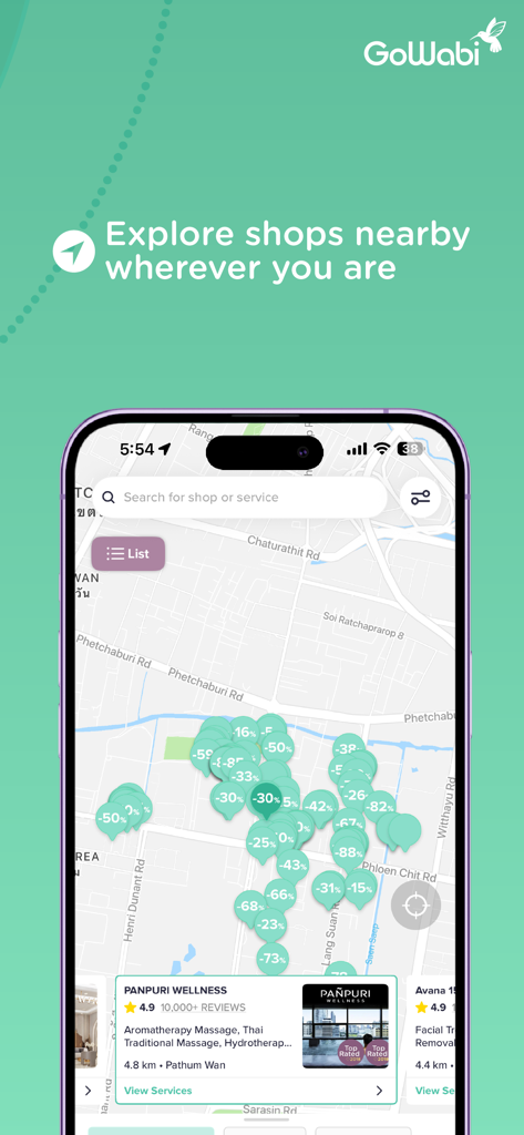 GoWabi app map view showing nearby wellness clinics and beauty shops with discount offers