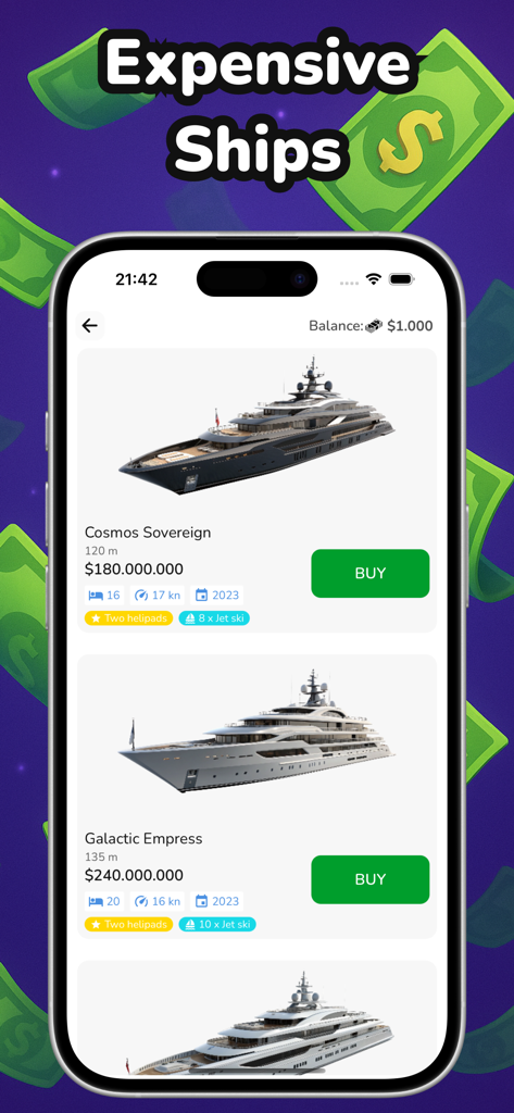 Una pantalla de juego móvil que muestra yates de lujo caros disponibles para su compra en Business Empire Tycoon.