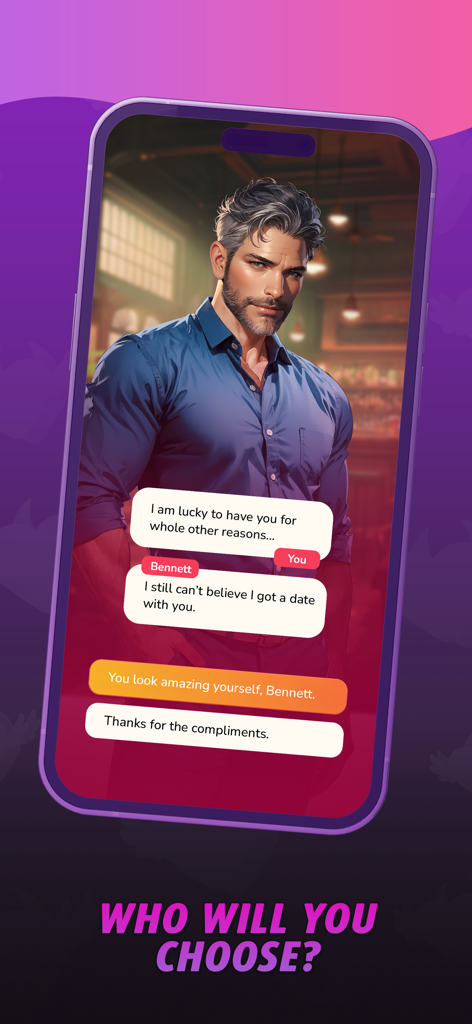 Love Eden: Chapters of Romance - A mobile screen from the Love Eden app showing a romantic chat interaction and decision buttons with character Bennett.