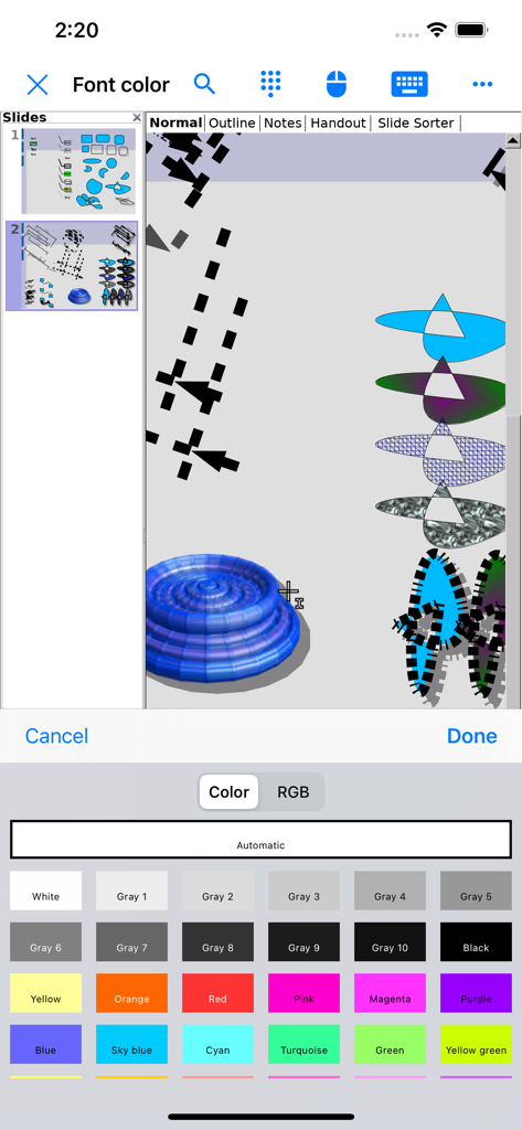 AO Office - Die Benutzeroberfläche der AO Office Mobil-App zeigt eine detaillierte Schriftfarben-Auswahlpalette für die Bearbeitung von Folien und Zeichnungen.