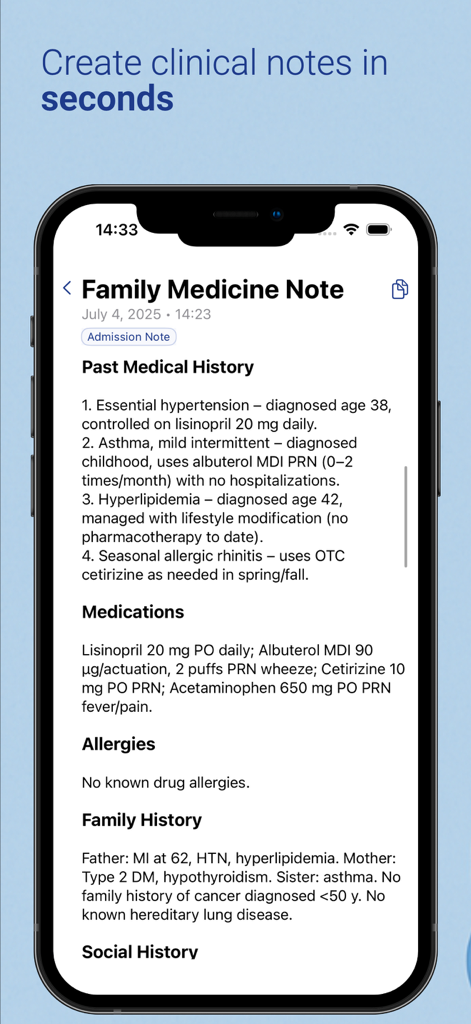 Docscribe - AI Medical Scribe - La pantalla de un iPhone de un profesional médico que muestra una nota clínica de medicina familiar generada por IA con secciones para historial, medicamentos y alergias