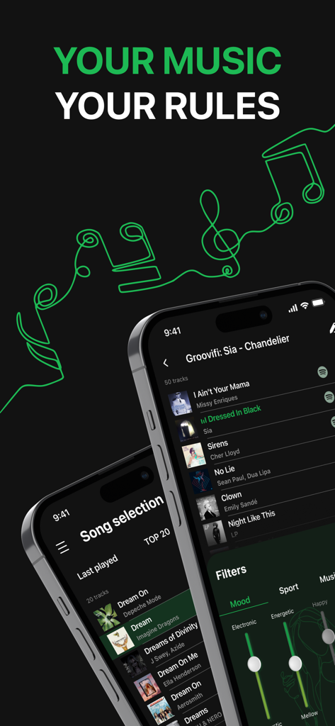 Groovifi - Playlist Generator - Two smartphones displaying the Groovifi app interface with custom mood filters and a generated Spotify playlist