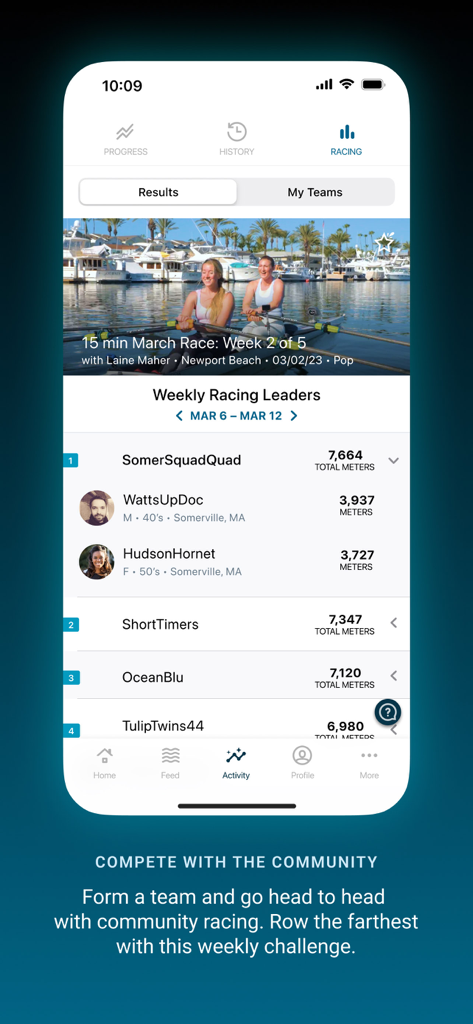 Hydrow app screenshot showing weekly racing leaderboards and community competition teams